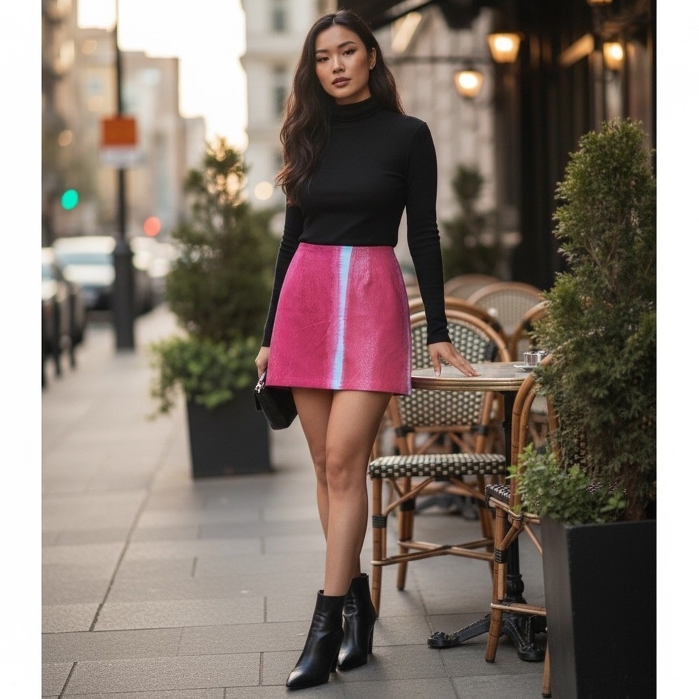 Womens Pink A-Line Mini Skirt with Blue Stripe